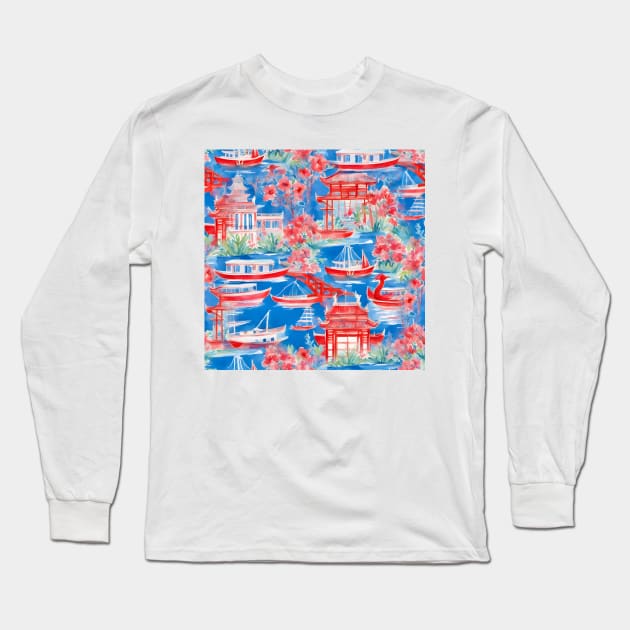 Pagodas, lake and sail boats in blue and red Long Sleeve T-Shirt by SophieClimaArt